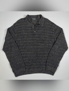 VTG Ashworth Charcoal Alpaca Wool Blend Diamond Sweater Polo Sz ~L Made In Peru